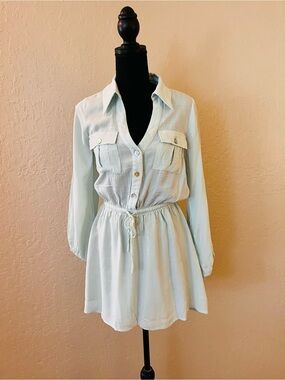 Light Blue Long Sleeve Button-Front Drawstring Shirt Dress